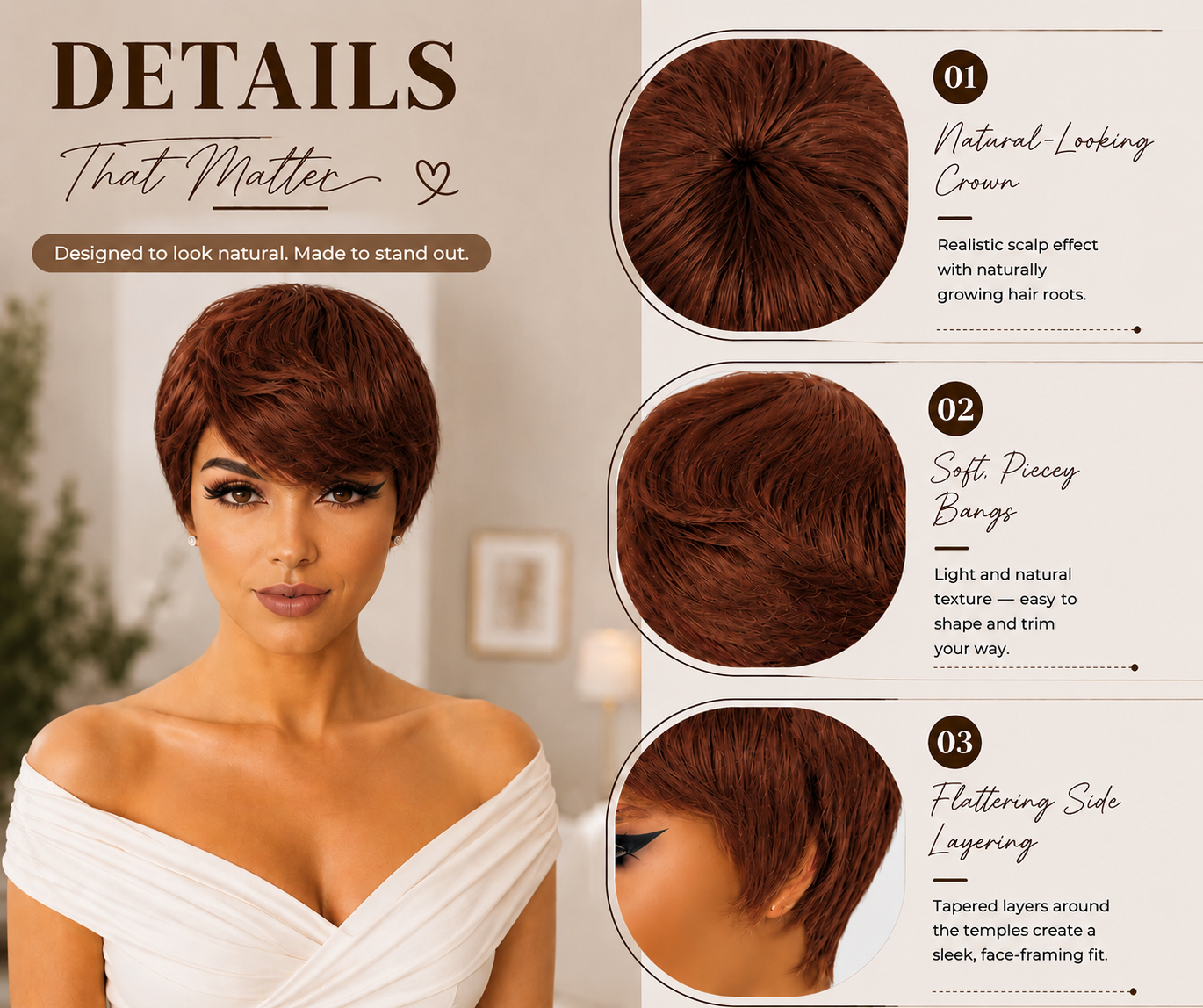 Glue less Pixie Cut Wig 100% Human Hair color 33 (Dark Auburn) - Image 2