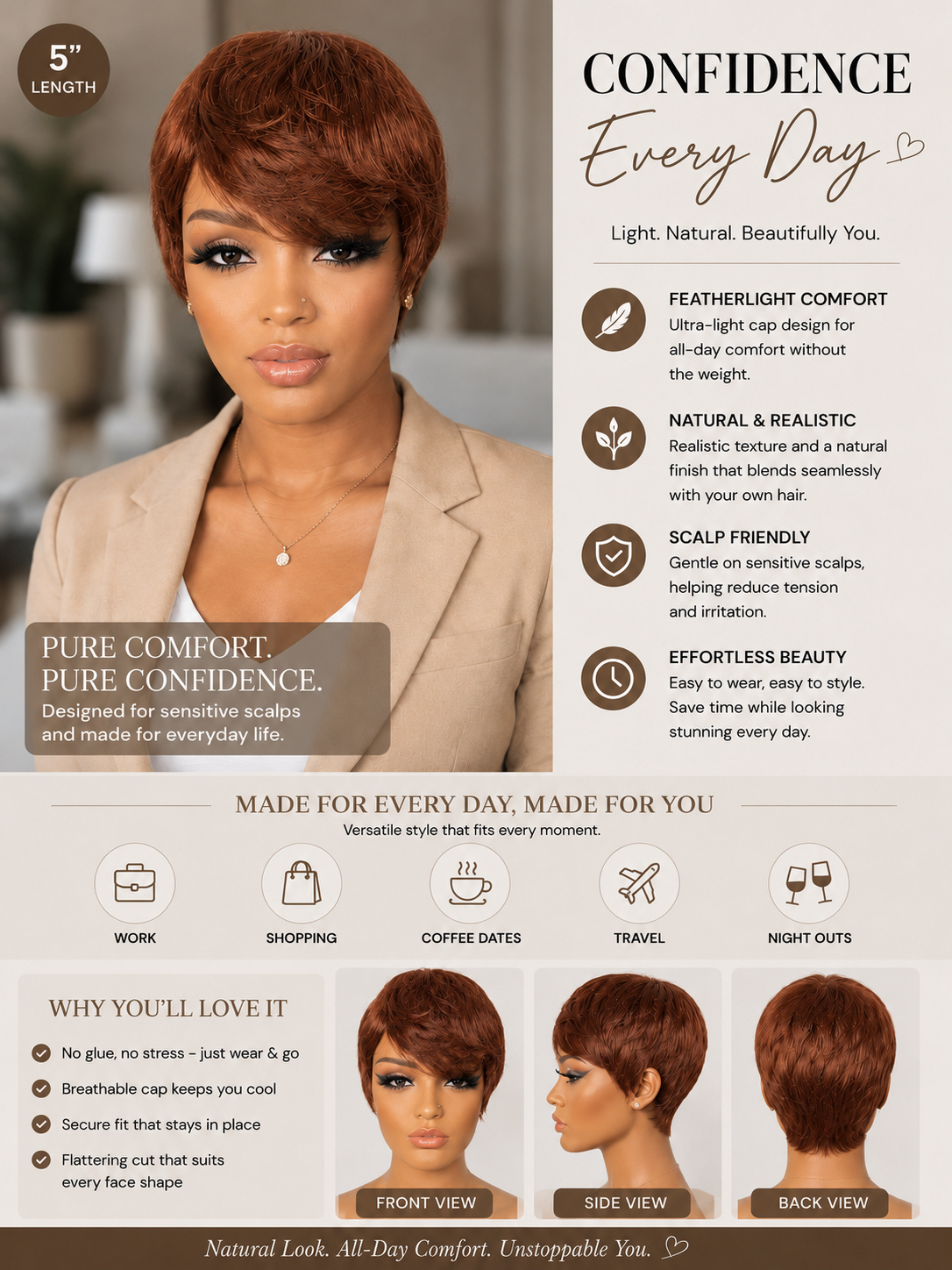 Glue less Pixie Cut Wig 100% Human Hair color 33 (Dark Auburn) - Image 7