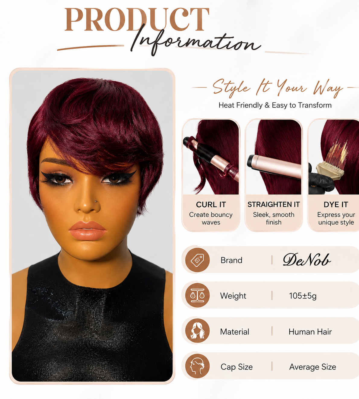 Glue less Pixie Cut Wig 100% Human Hair color 530 Burgundy - Image 3