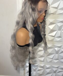 30 inches Body Wave Silver Grey Ombre HD Lace front Heat Safe Human Hair Blend