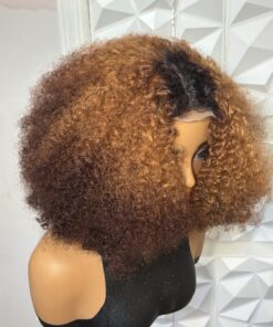 10 inch Tri-Tone Full Curly Heat Safe Human Hair Blend Wig (Dark Root Honey Blonde color 27)