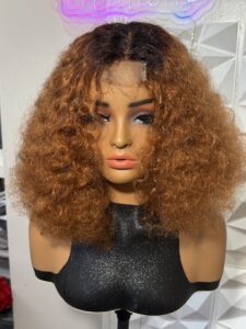 Dark Root 2x6 Closure 14 inch Solid Copper Auburn Kinky Curly Heat Safe Human Hair Blend Wig