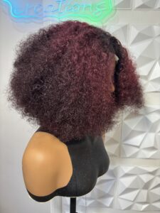 10 inch Tri-Tone Full Curly Heat Safe Human Hair Blend Wig (Dark Root Burgundy color 99j)