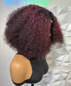 10 inch Tri-Tone Full Curly Heat Safe Human Hair Blend Wig (Dark Root Burgundy color 99j)