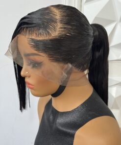 Handmade 360 Full Lace Ponytail Black Wig with side fringe | Pre-Styled Heat-safe Human Hair Blend