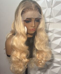 24 inches Bouncy Body Wave Lacer Front Human Hair Blend Wig - Blonde with Dark Brown roots, Heat-Safe