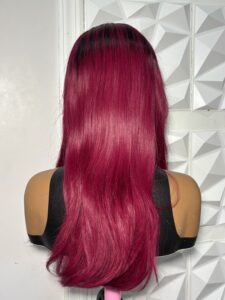 22 Inch Burgundy Ombré Human Hair Straight Lace Frontal Wig with Dark Roots