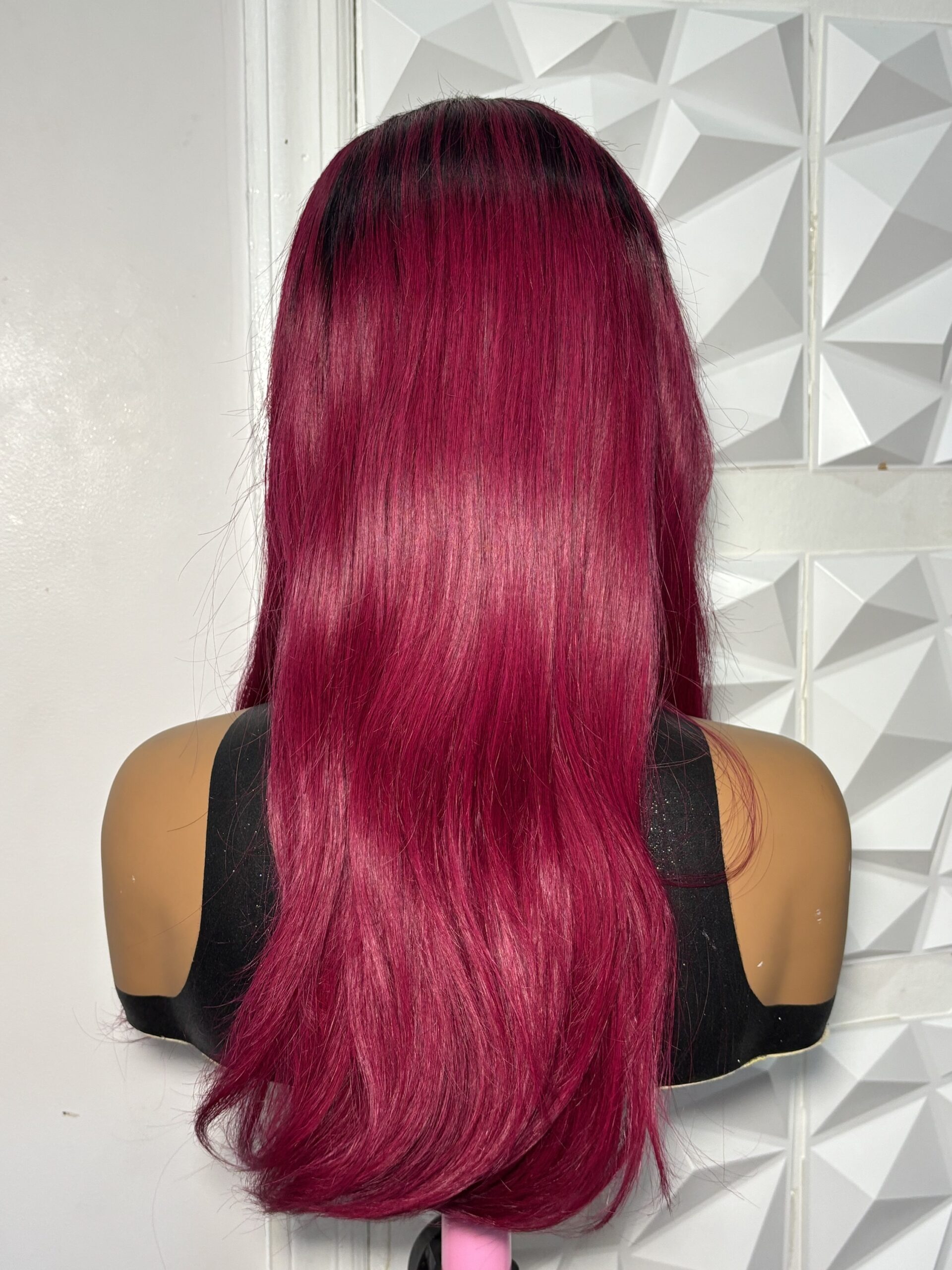 22 Inch Burgundy Ombré Human Hair Straight Lace Frontal Wig with Dark Roots