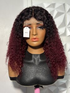16 Inch 100% Human Hair Burgundy Jerry Curl Lace Front Wig with Dark Roots