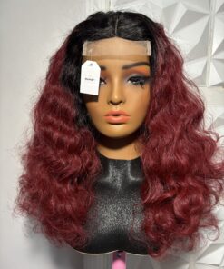 Alternative view of DeNob 16-Inch Burgundy Soft Curly Blend Wig with 4×4 T-Line Closure and Black Roots