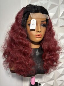 DeNob 16-Inch Burgundy Soft Curly Blend Wig with 4×4 T-Line Closure and Black Roots