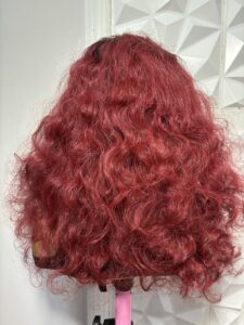 DeNob 16-Inch Burgundy Soft Curly Blend Wig with 4×4 T-Line Closure and Black Roots