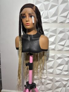 38-Inch Handmade Cornrow Box Braided Wig, Dark Brown & 613 Blonde Ombre, Side-Swept Full Lace